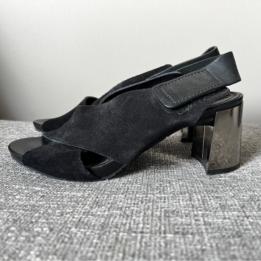 Pedro Garcia Black Suede Slingback Sandals with Metallic Block Heel